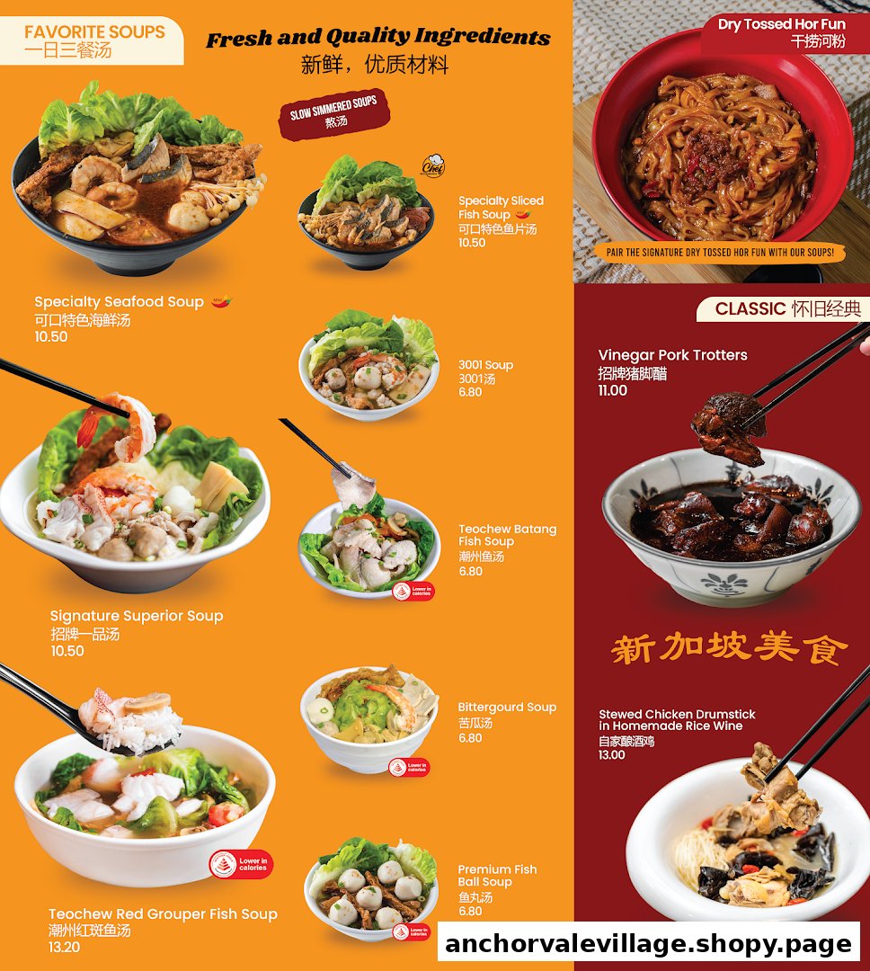 A vibrant menu showcasing a variety of traditional Chinese soups and classic dishes with prices.