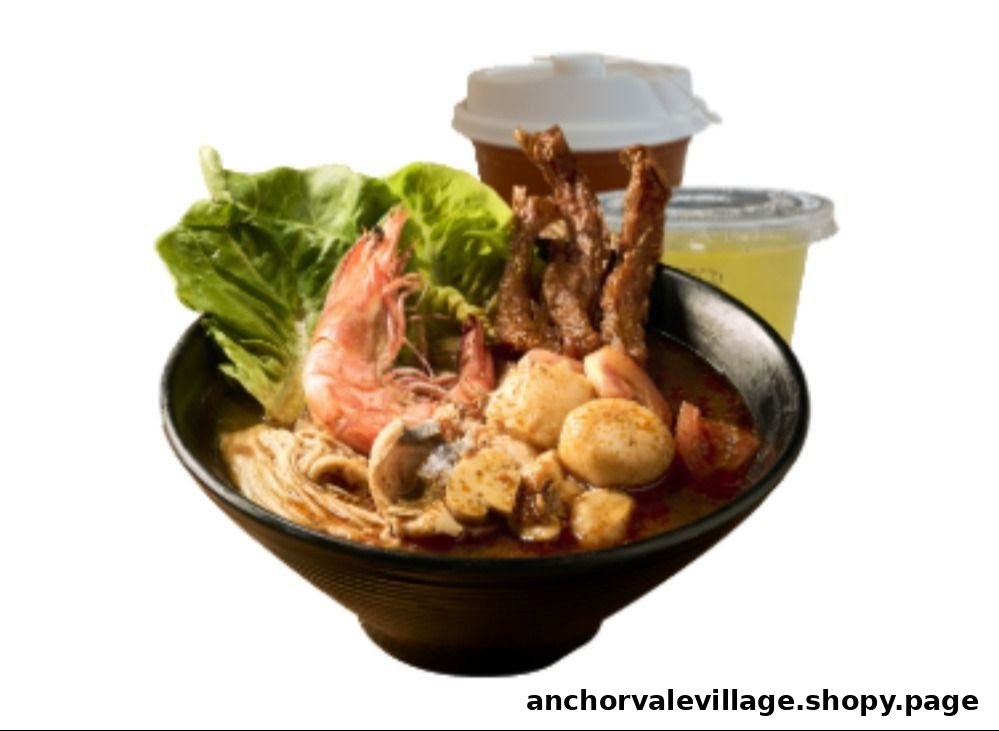 A hearty bowl of soup with shrimp, meat, mushrooms, and two accompanying drinks.