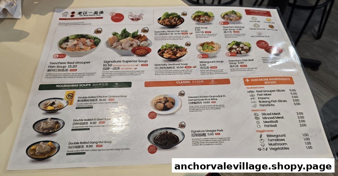 A detailed menu displaying various soup dishes and add-ons from Lao Jiang Superior Soup.