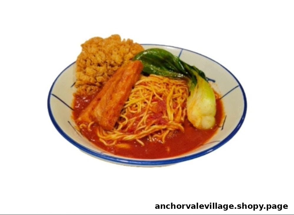 A vibrant bowl of noodles in red sauce, topped with fried cutlet, luncheon meat, and bok choy.