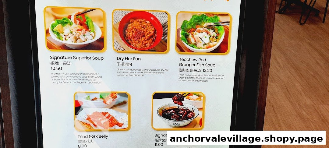A digital menu board displaying various signature dishes and prices from Lao Jiang Superior Soup.