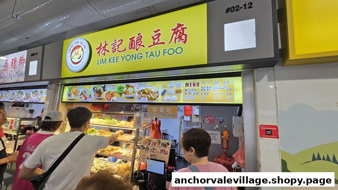 Customers selecting fresh Yong Tau Foo ingredients at Lim Kee, with menu and prices displayed.