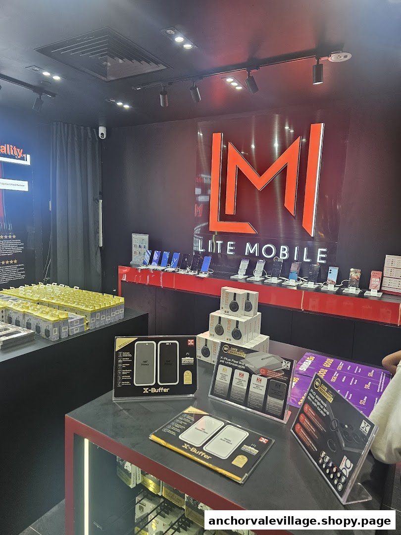 Interior view of Lite Mobile, showcasing mobile phones, accessories, and the shop's branding.