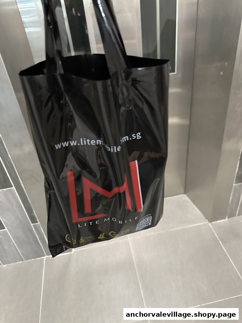 A black shopping bag from Lite Mobile, featuring its logo and website.