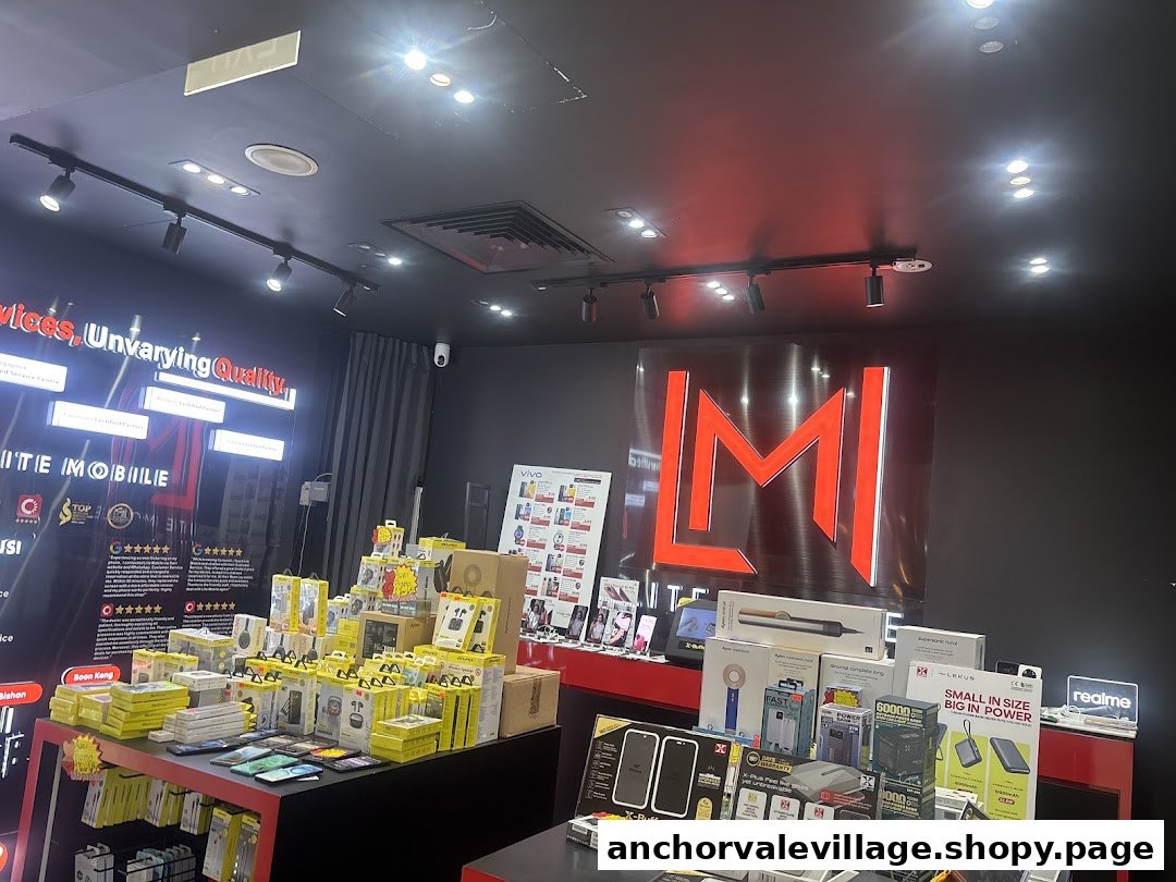 Interior view of Lite Mobile showcasing various mobile accessories, power banks, and displays.