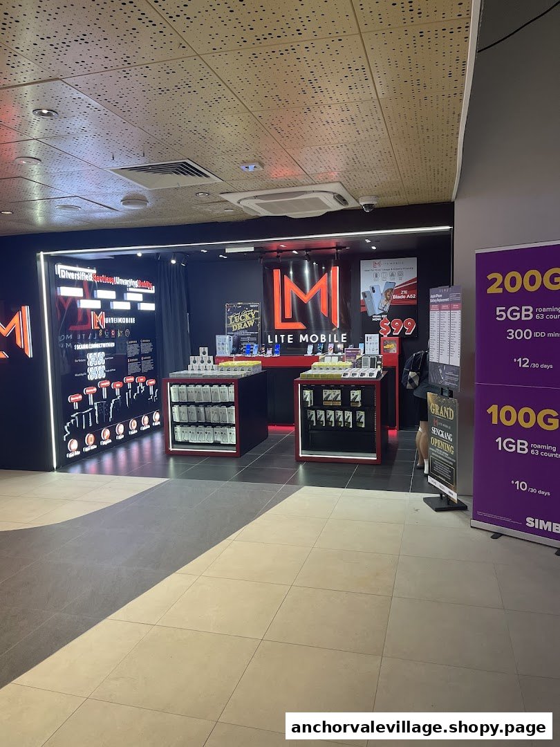 Interior view of Lite Mobile, a modern electronics shop displaying mobile phones, accessories, and service plans.