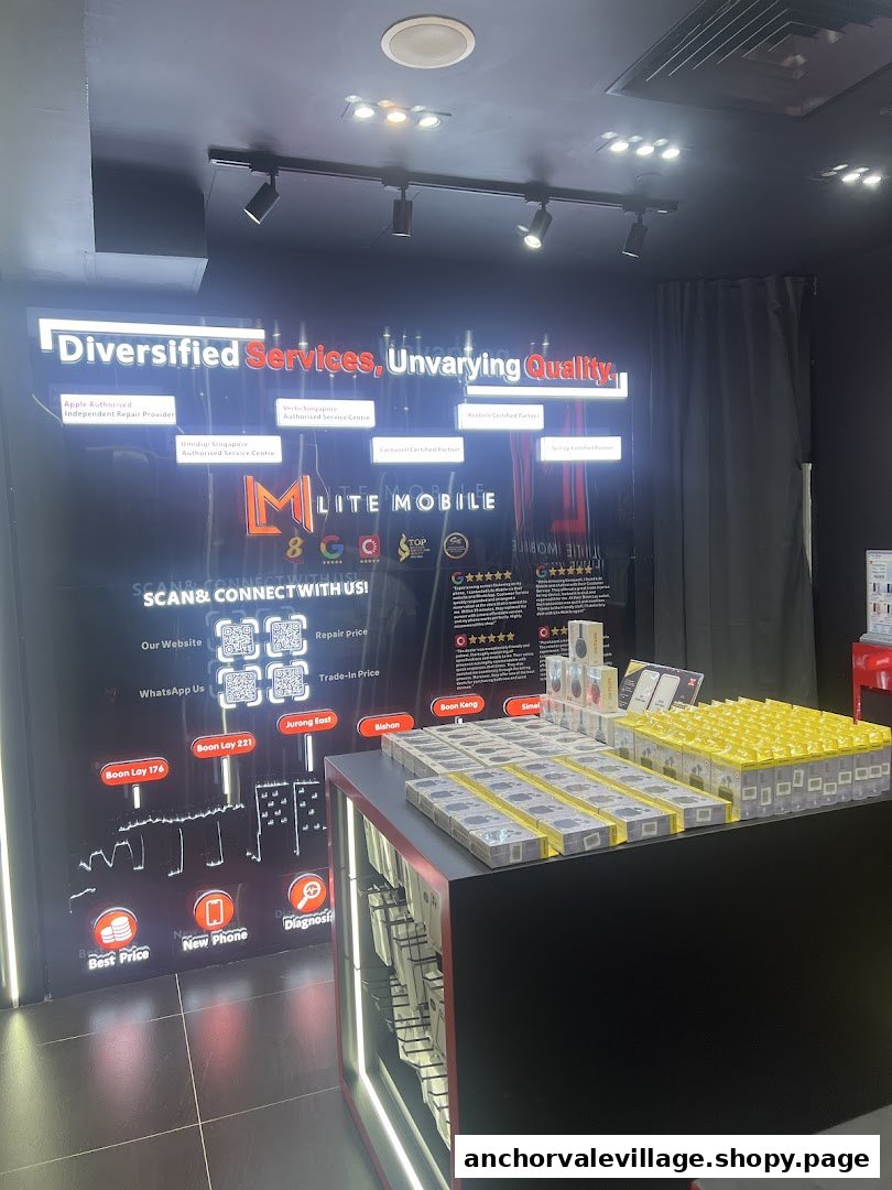 Interior view of Lite Mobile showcasing service offerings and mobile accessories on display.