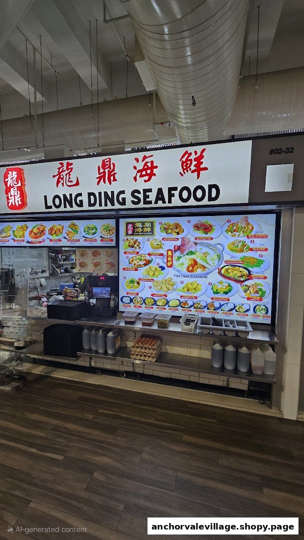 A vibrant food stall counter at Long Ding Seafood, showcasing a wide array of delicious seafood dishes on a digital menu board.
