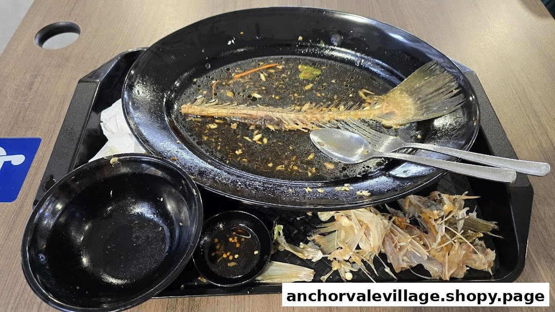 A tray with an empty plate, fish bones, and cutlery after a seafood meal.