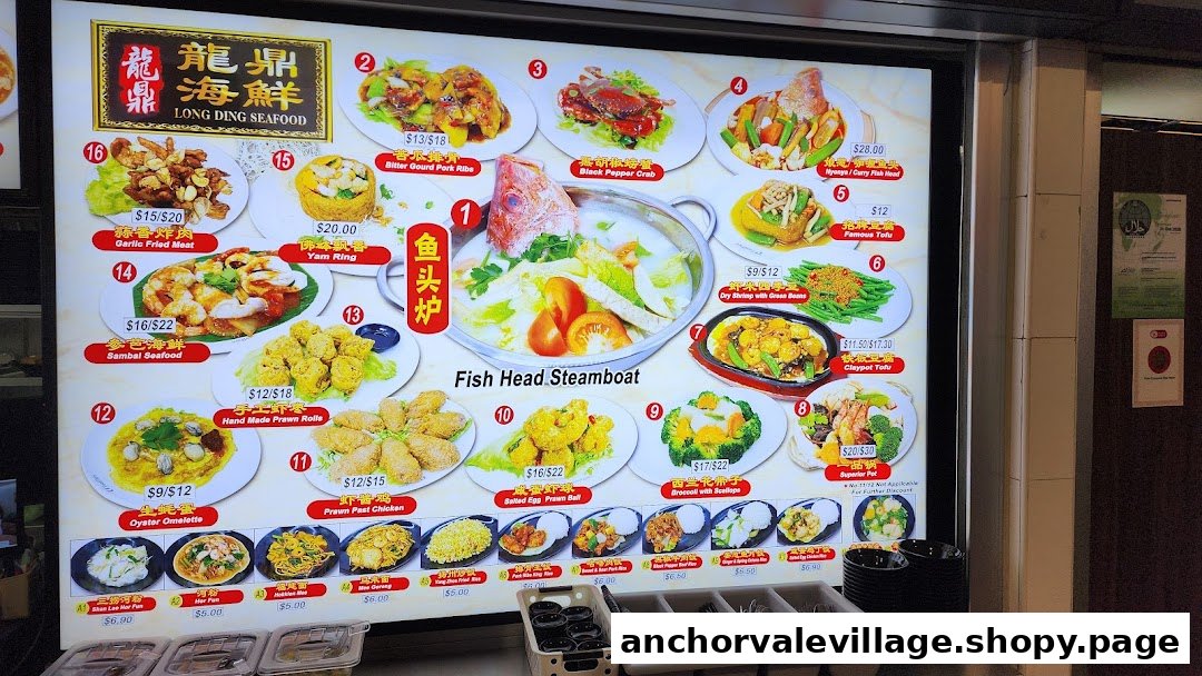 A vibrant digital menu board showcasing a variety of seafood and Chinese dishes at Long Ding Seafood.