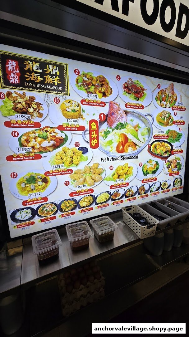 A brightly lit menu board displaying various seafood dishes and prices from Long Ding Seafood.