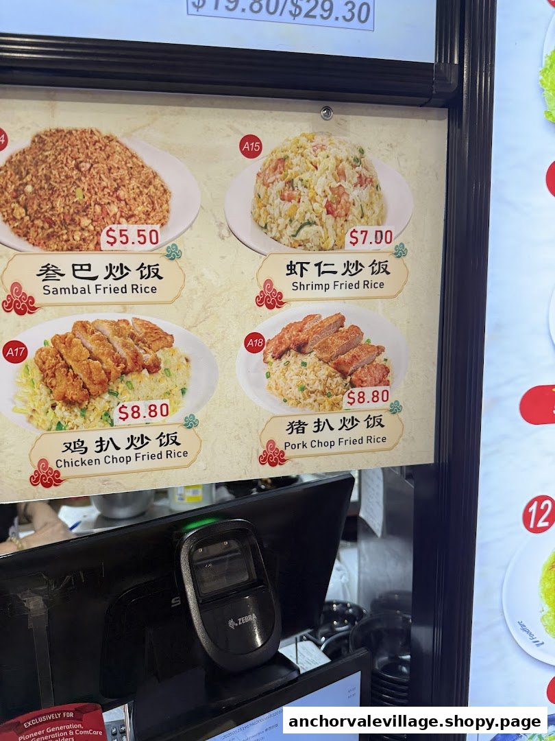 A menu board displaying various fried rice dishes with prices at Long Ding Seafood.