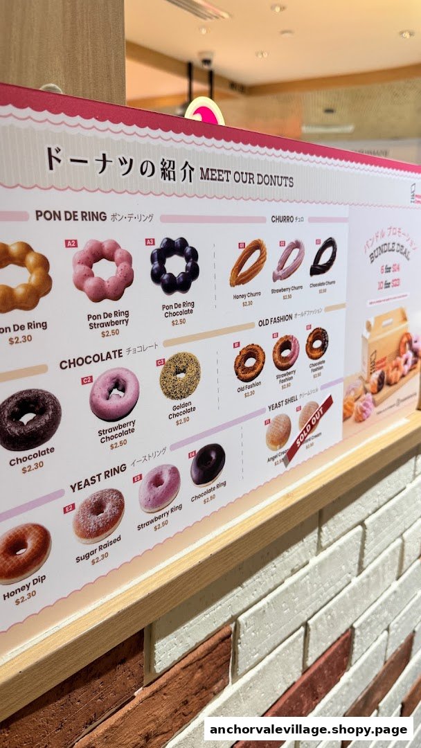 A vibrant menu board displaying various donut types and prices at Mister Donut.