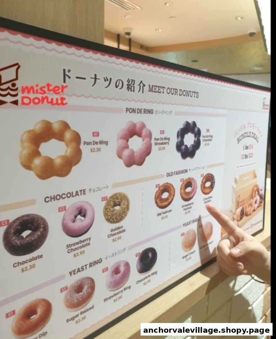 A close-up of Mister Donut's menu board showcasing various donut types and prices.