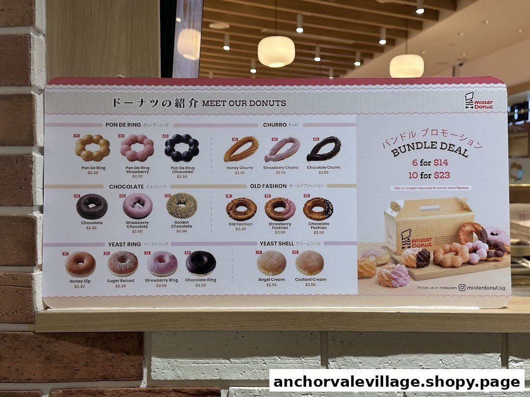 A detailed menu board displaying various donut types, prices, and bundle deals from Mister Donut.