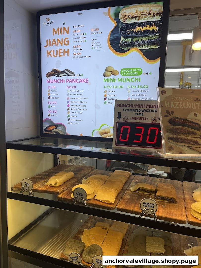 A digital menu board for Munchi Pancakes displaying various pancake options, fillings, and prices, with a display case of prepared items below.