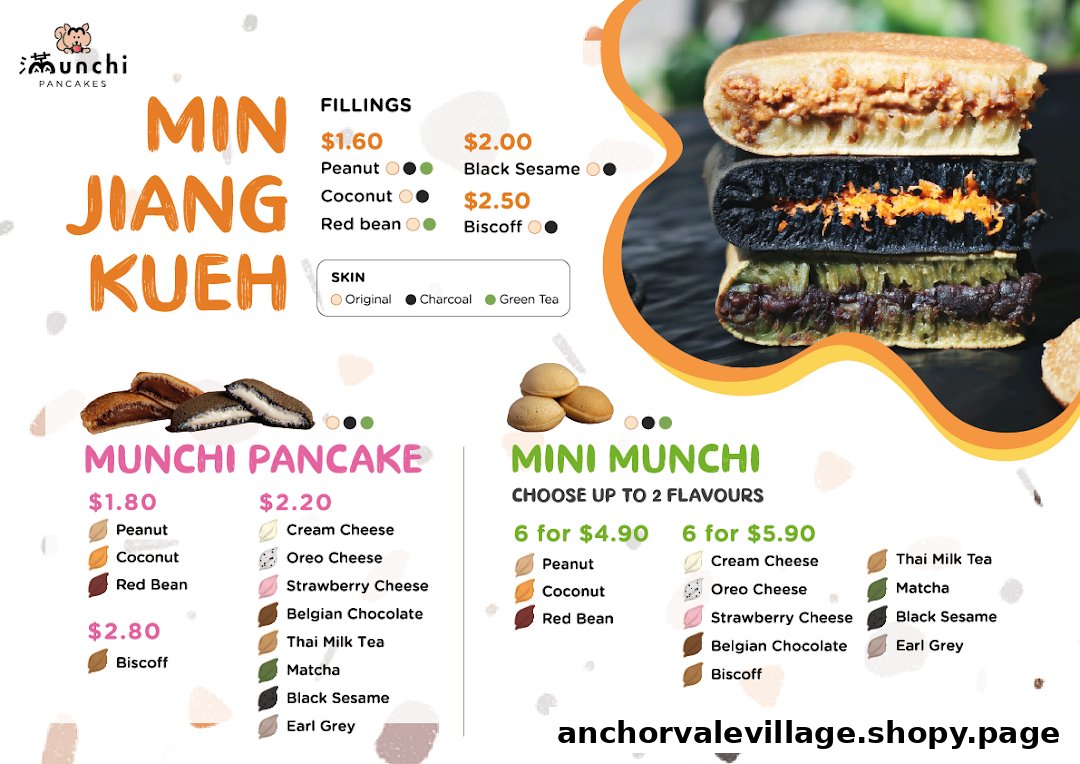 A vibrant menu displaying various pancake types, fillings, and prices from Munchi Pancakes.