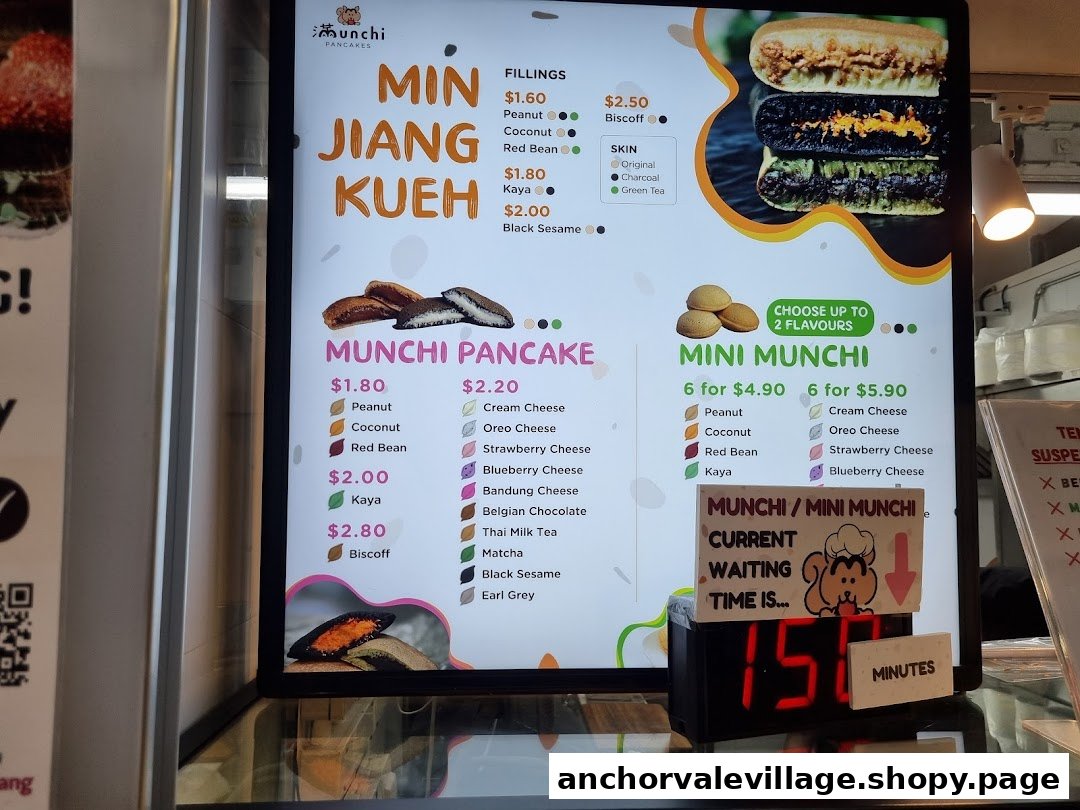 A digital menu board displaying various pancake and kueh options with prices and flavors.