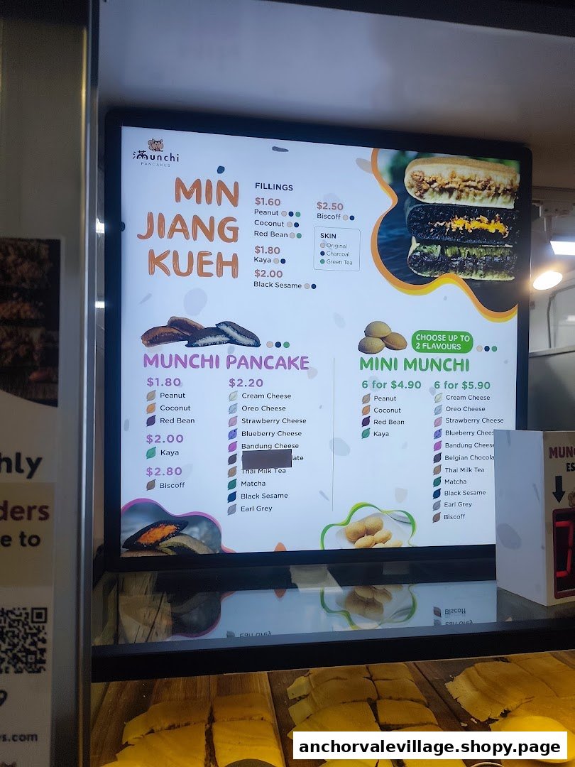 A digital menu board for Munchi Pancakes, showcasing various pancake types, fillings, and prices.