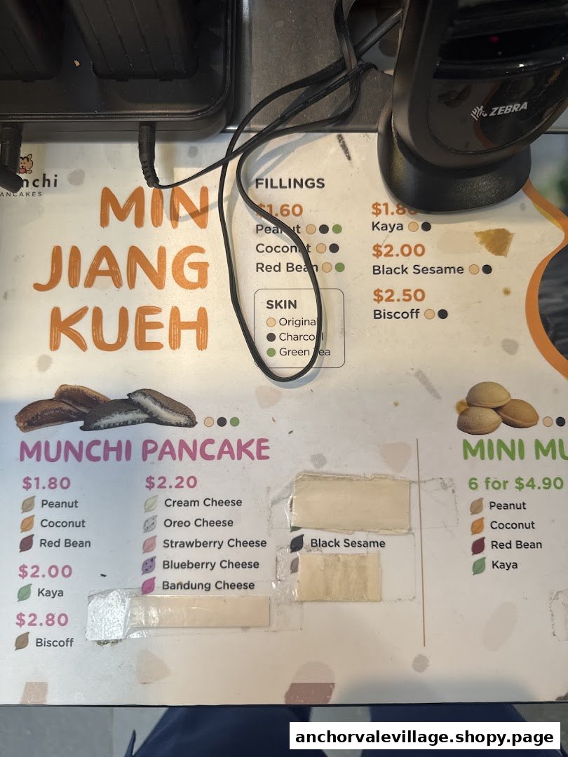 A close-up view of the Munchi Pancakes menu board, displaying various pancake fillings, skins, and sizes.