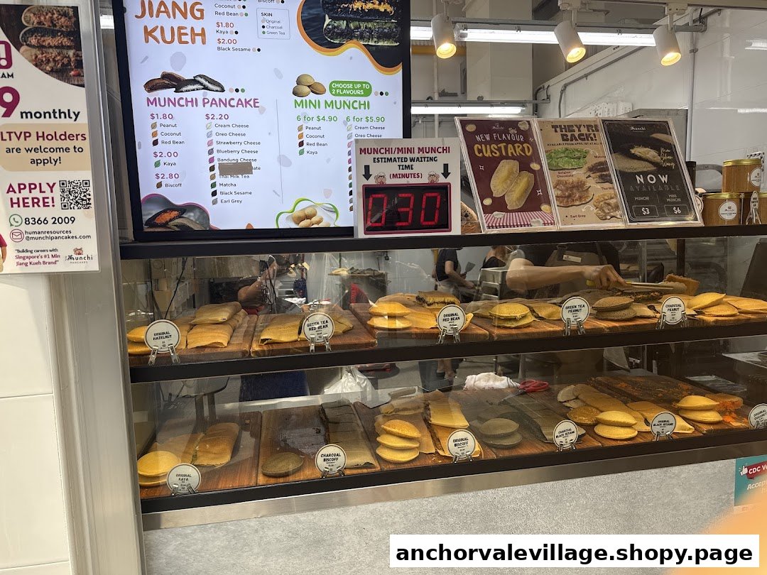 A vibrant display of Munchi Pancakes' various flavored pancakes and a clear digital menu board.