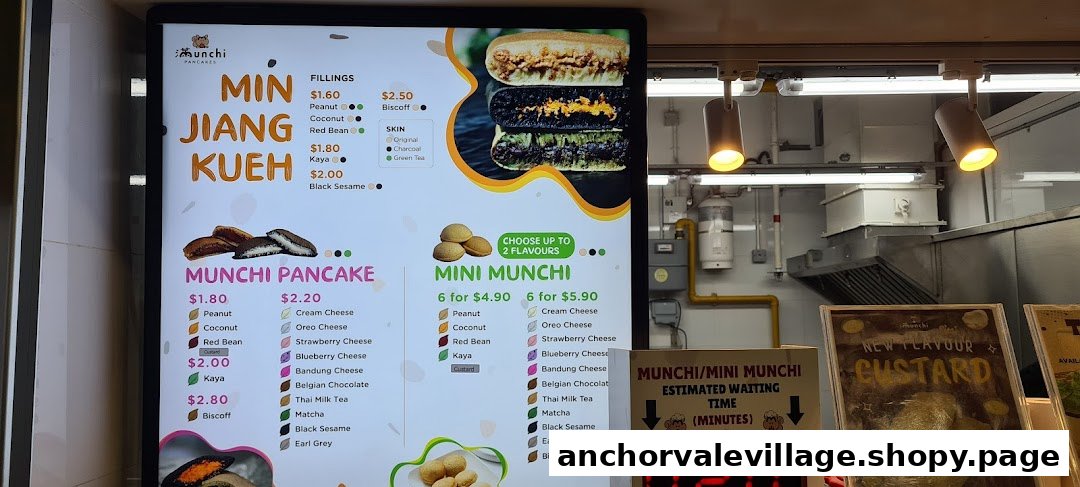 A digital menu board for Munchi Pancakes, displaying various pancake fillings, flavors, and prices.