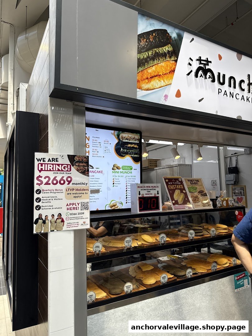 The storefront of Munchi Pancakes, showcasing their pancake display, digital menu, and a hiring advertisement.