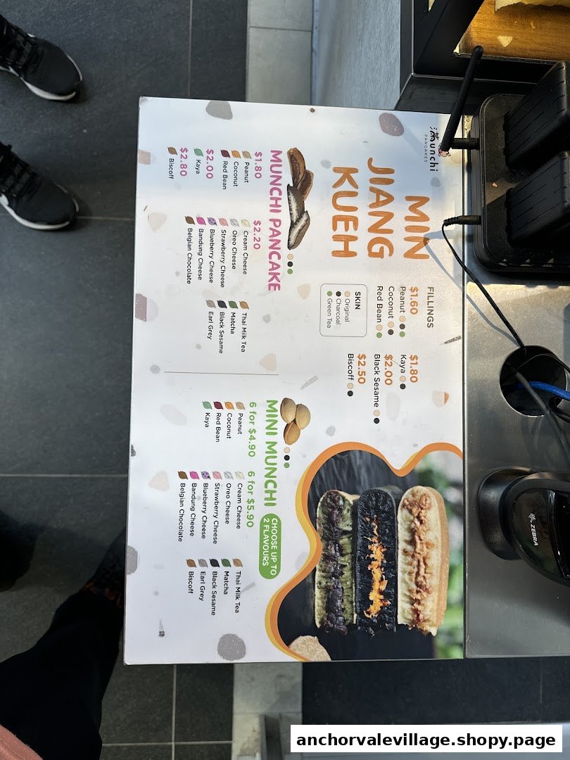 A detailed menu board for Munchi Pancakes, showcasing various pancake types, fillings, and prices.