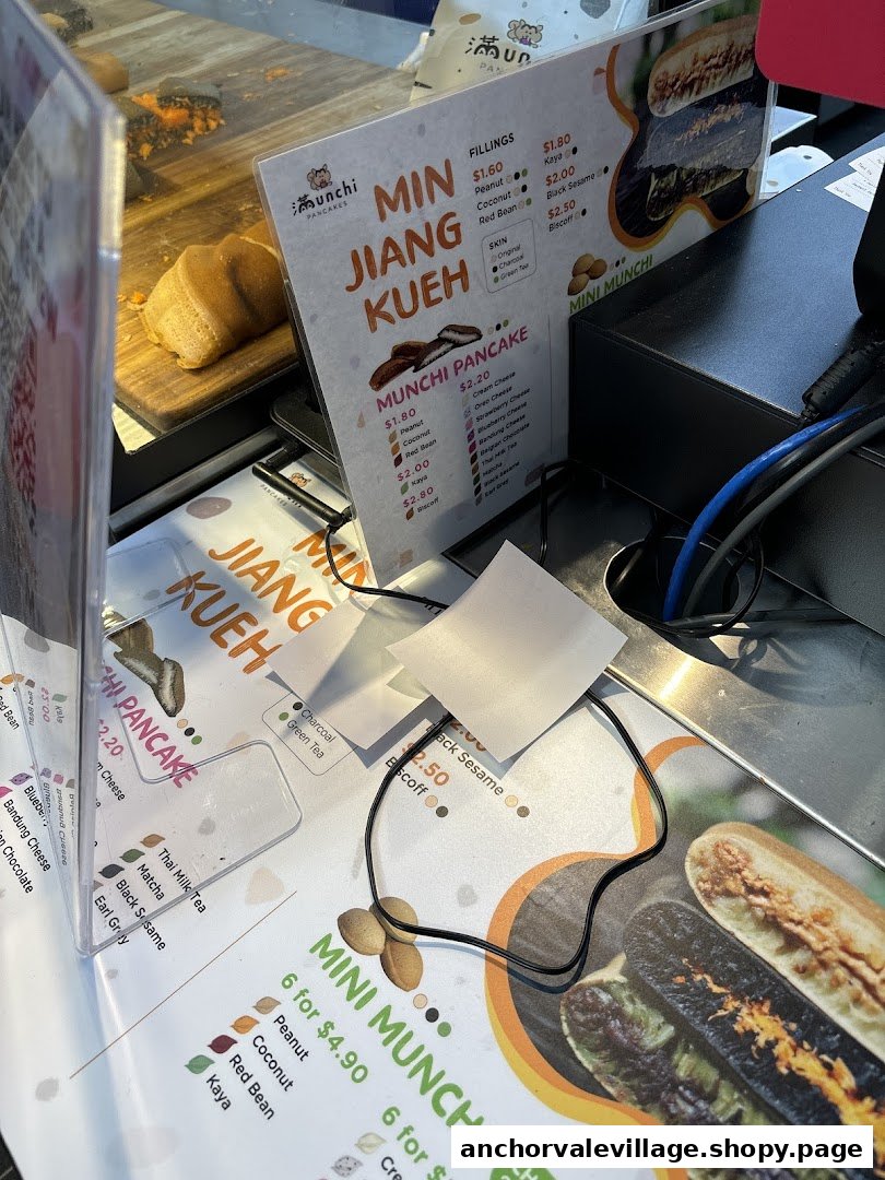 A close-up view of Munchi Pancakes' menu board displaying various pancake and filling options.