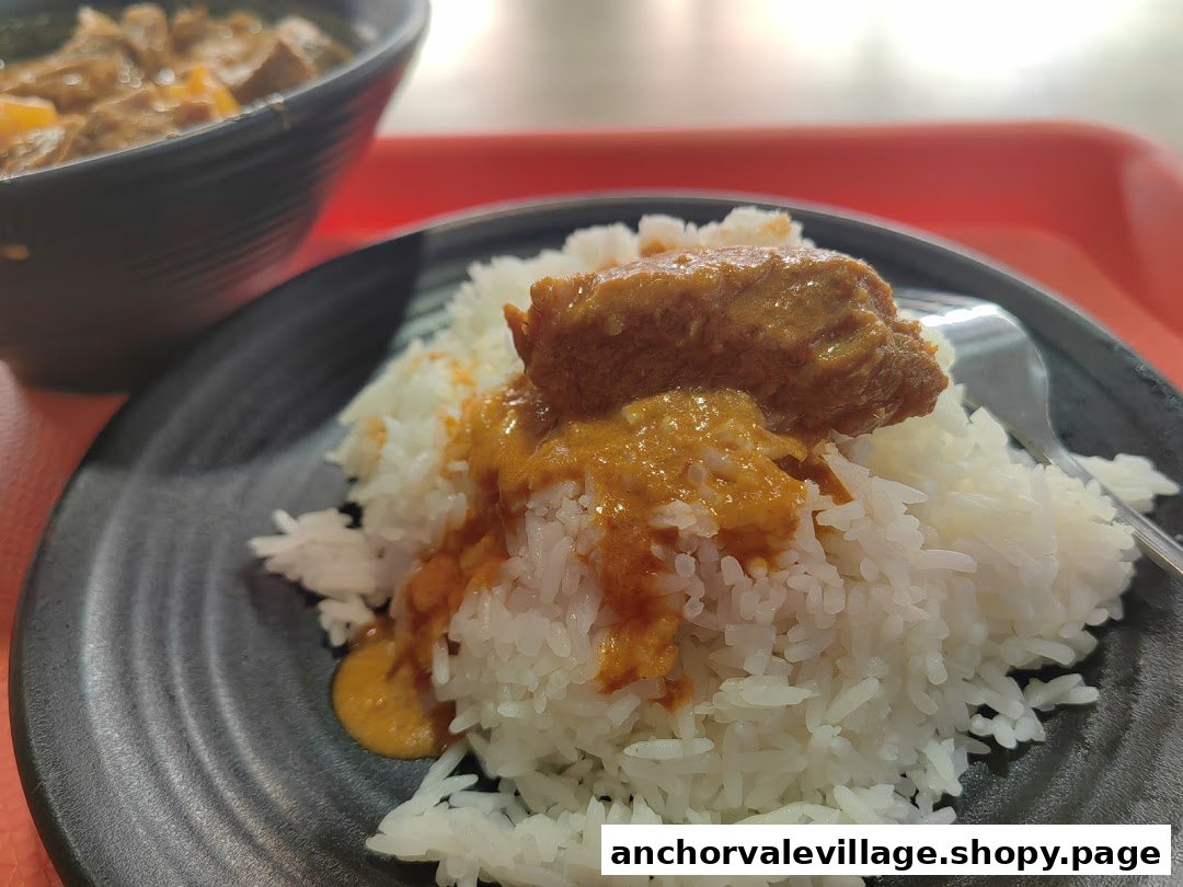 A close-up of Nanyang Curry's signature curry chicken with rice on a black plate.