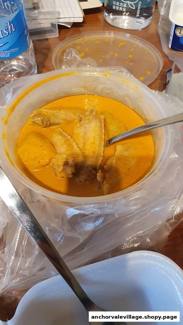 A close-up of Nanyang Curry's signature chicken curry with potatoes in a takeaway container.