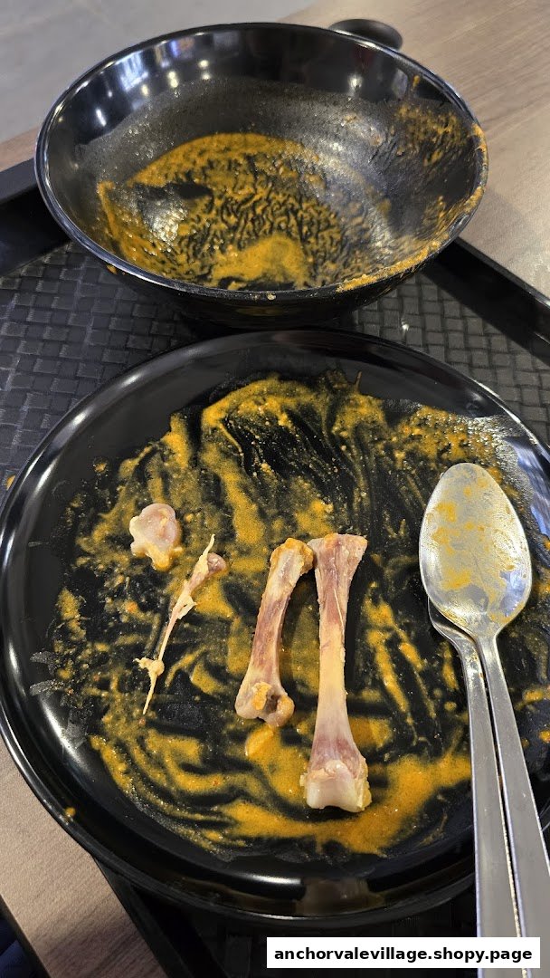 An empty plate and bowl with curry remnants and chicken bones, indicating a finished meal.