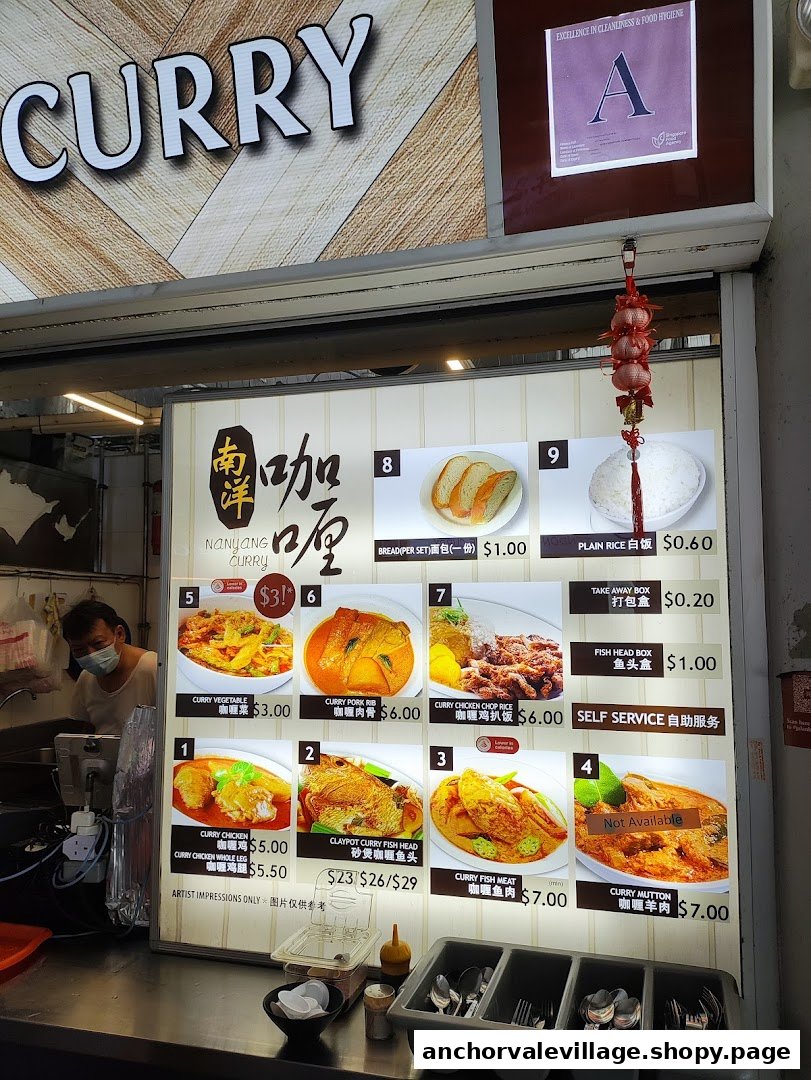 A vibrant menu board for Nanyang Curry, showcasing various curry dishes and prices.
