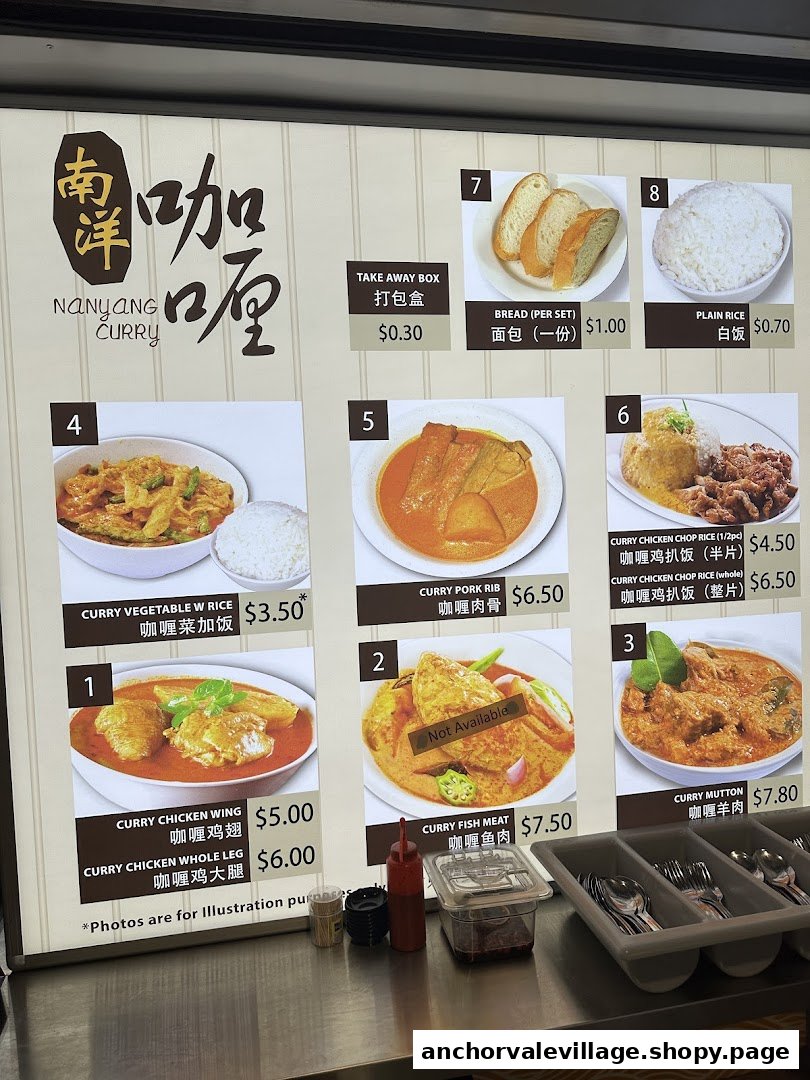 Nanyang Curry's menu board displays various curry dishes, prices, and photos.