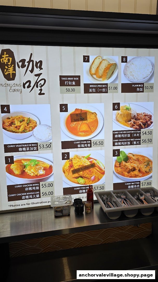 A digital menu board displaying various curry dishes and prices from Nanyang Curry.