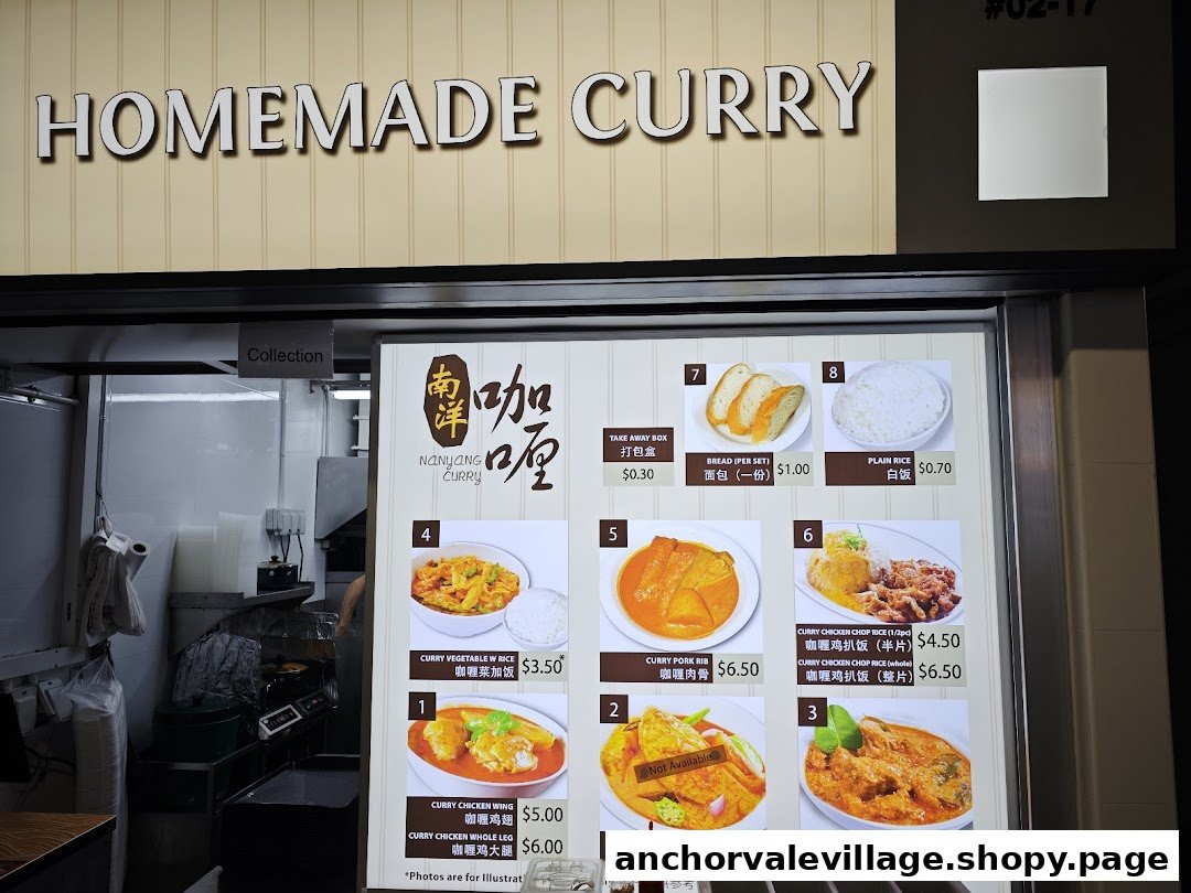 A menu board for Nanyang Curry, showcasing various homemade curry dishes with prices and photos.