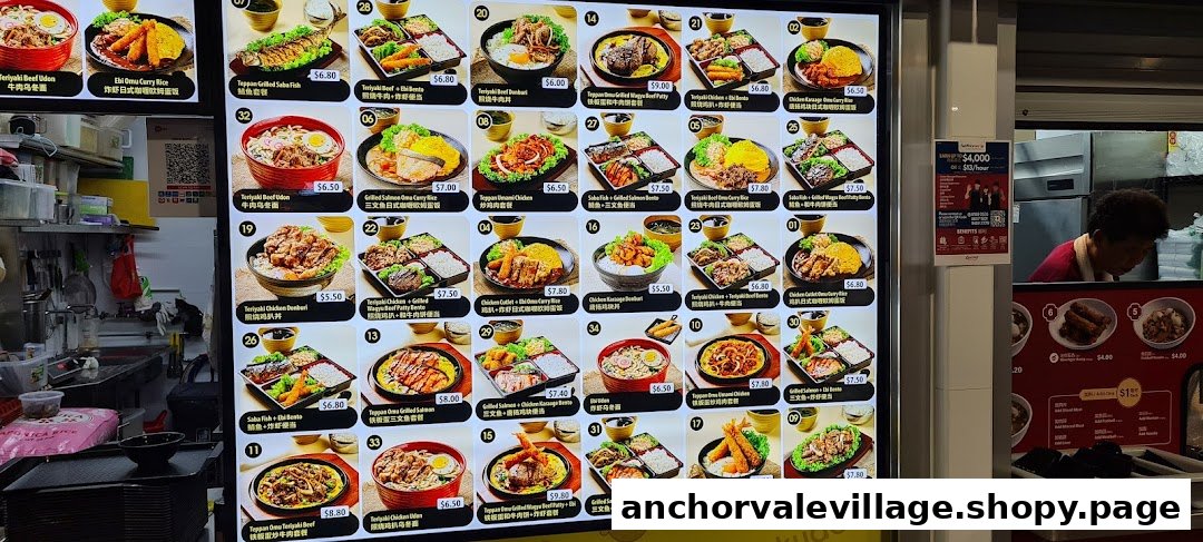 A brightly lit digital menu board displaying a wide variety of Japanese-inspired dishes with prices and images.