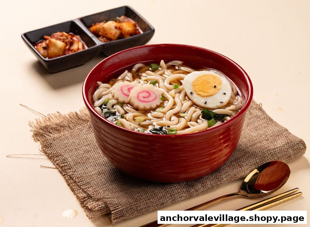 A vibrant bowl of Japanese udon noodles with egg and fish cake, served with a side of kimchi.