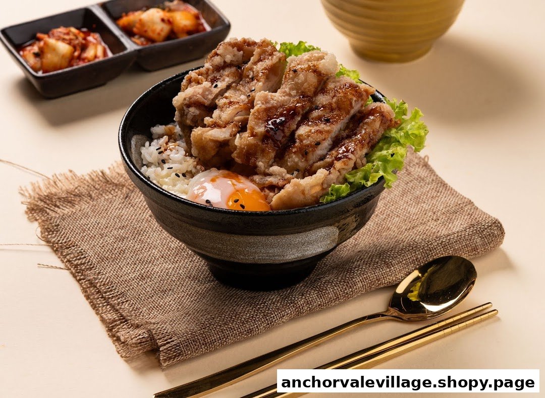 A Japanese-style rice bowl featuring crispy fried chicken, a soft-boiled egg, and a side of kimchi.