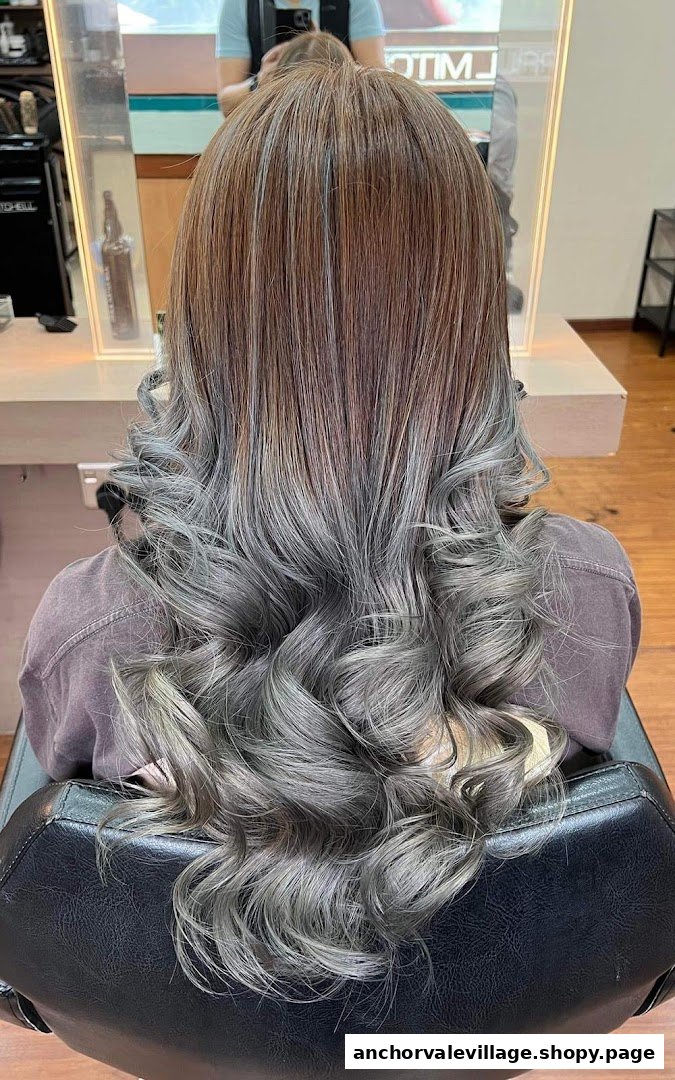 A person's back view showcasing long hair with a stylish brown-to-silver ombre color and soft curls.