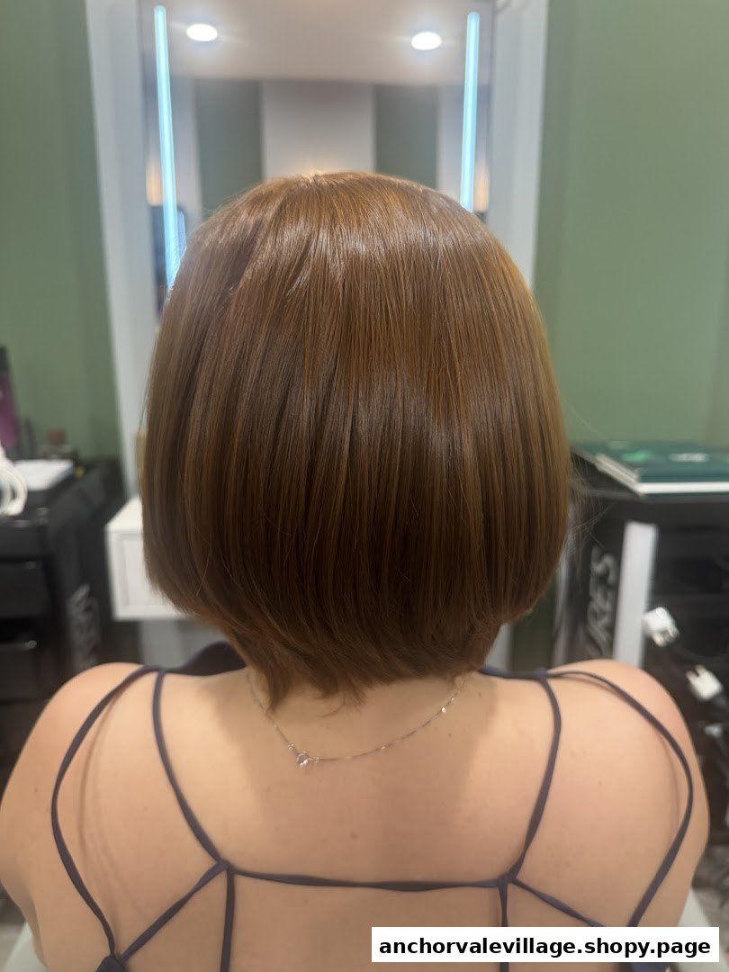 Back view of a person showcasing a freshly colored, shiny brown bob haircut in a salon setting.