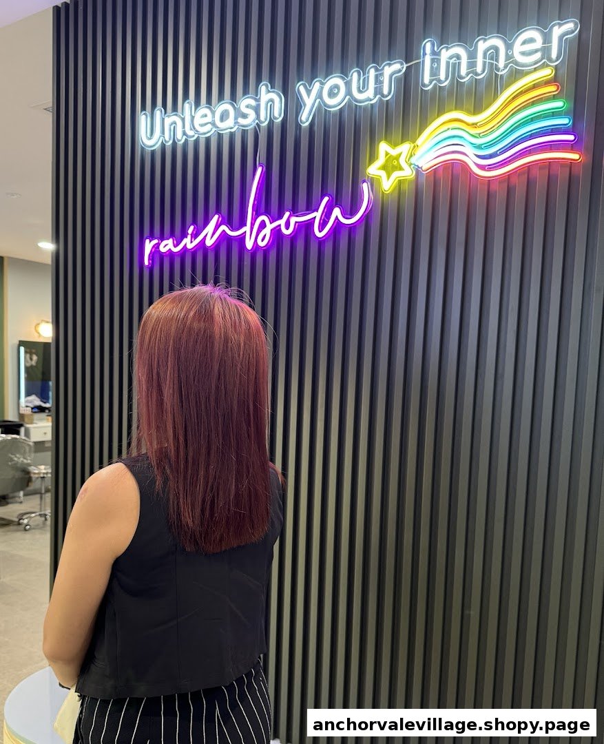 A person with vibrant red hair stands in a salon next to a neon sign reading 'Unleash your inner rainbow'.