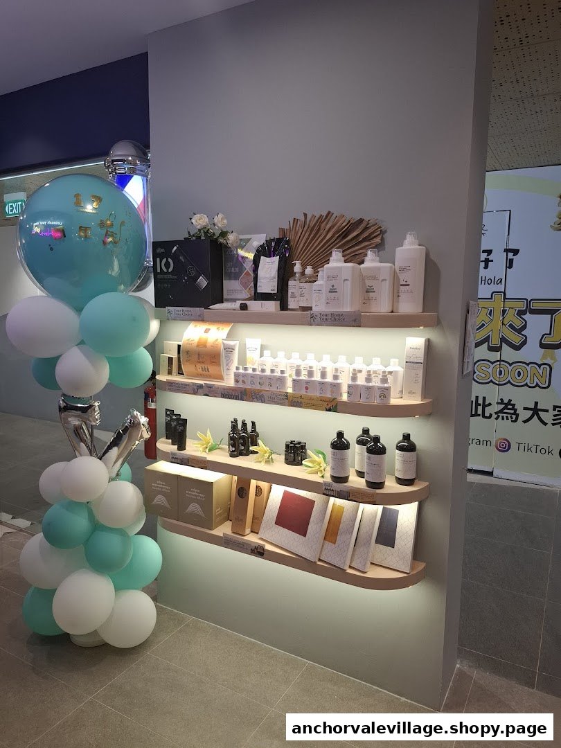 An illuminated display shelf showcasing a variety of hair care products, with festive balloons for a special event.
