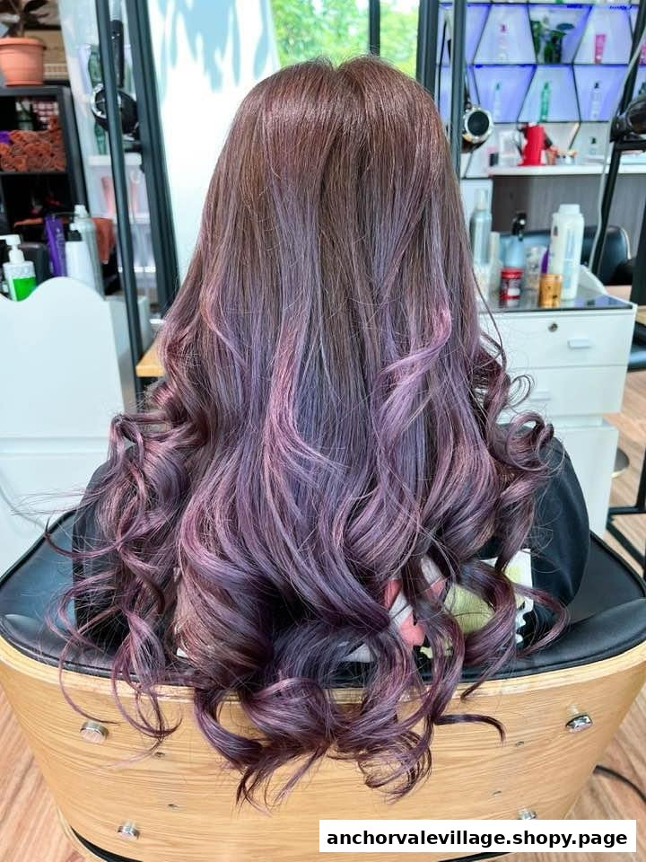 A person with long, wavy hair featuring vibrant purple and brown tones, seen from behind in a salon setting.