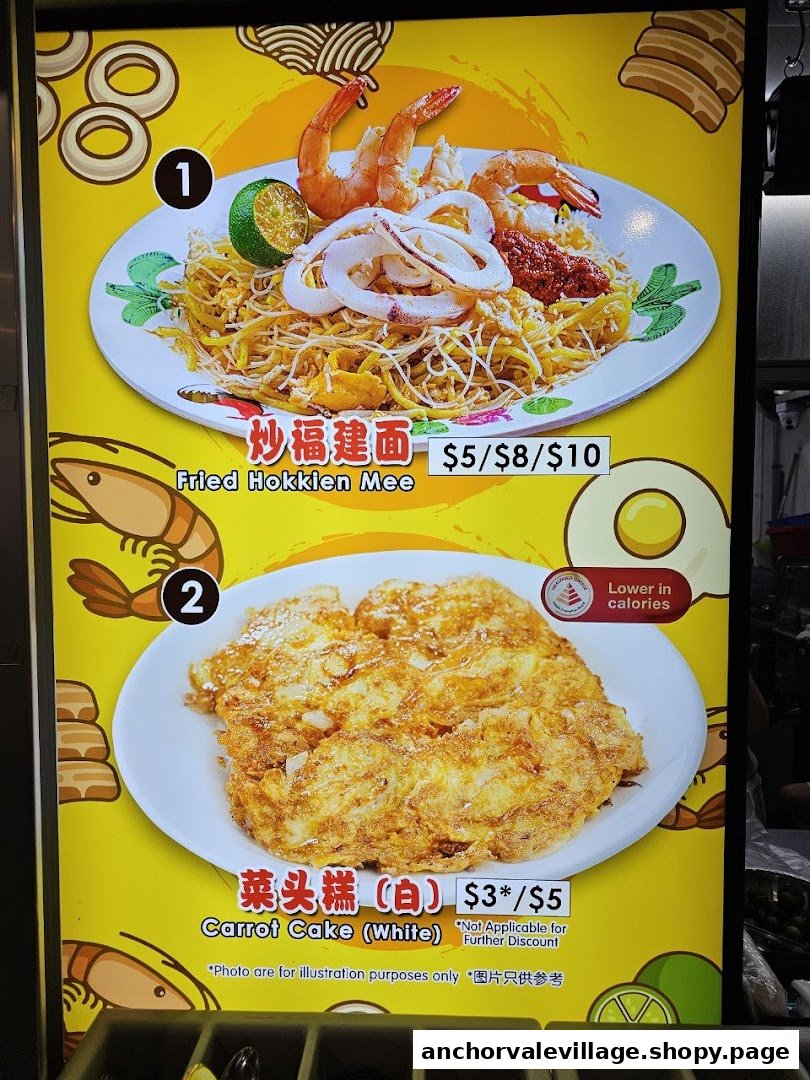 A vibrant menu board displaying Fried Hokkien Mee and Carrot Cake with prices.