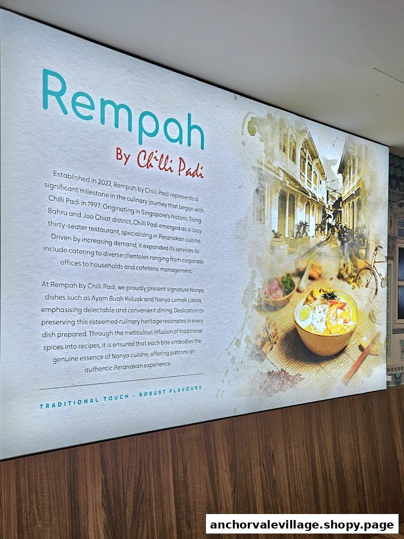 A large illuminated display board detailing the history and culinary offerings of Rempah by Chilli Padi.