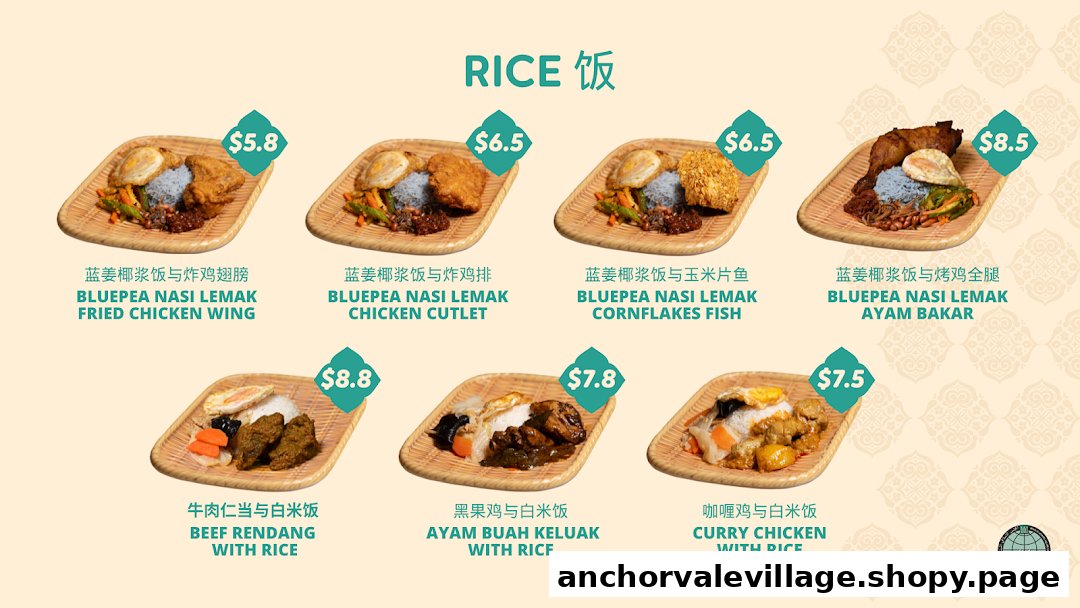 A vibrant menu displaying various rice dishes with prices and images, featuring Nasi Lemak and other Malay cuisine.