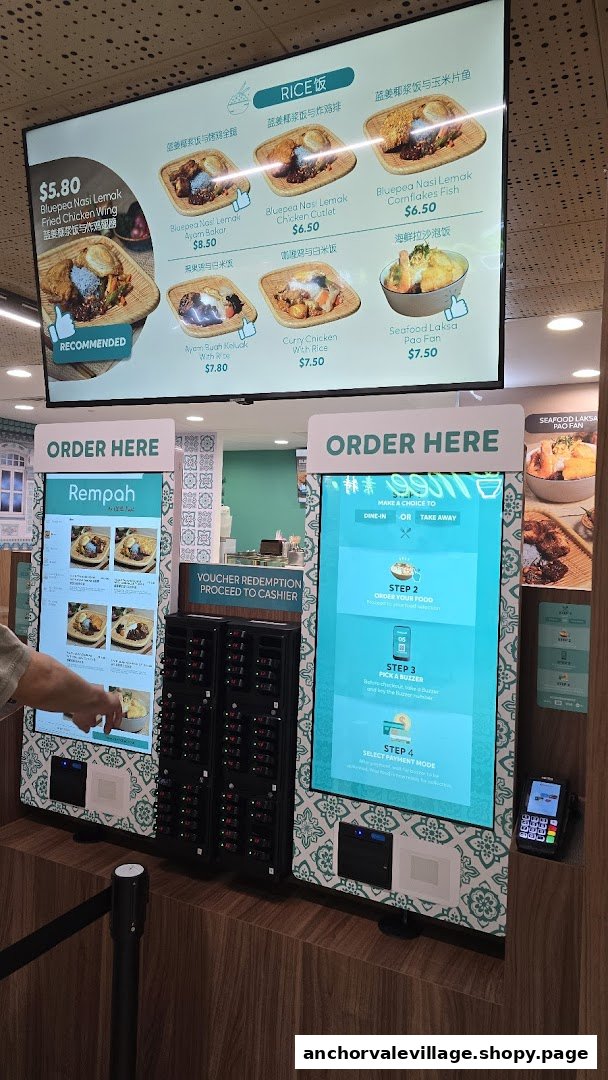 A digital menu board and self-ordering kiosks displaying various rice and noodle dishes.