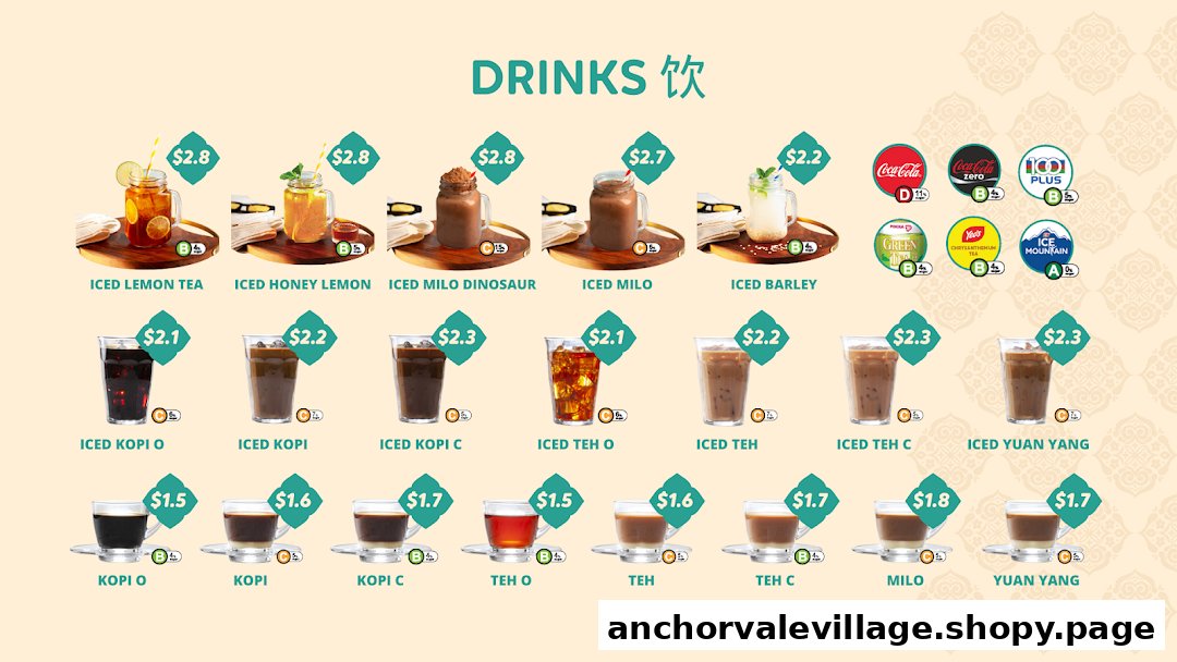 A detailed menu displaying various hot and iced drinks with prices and Nutri-Grade ratings.
