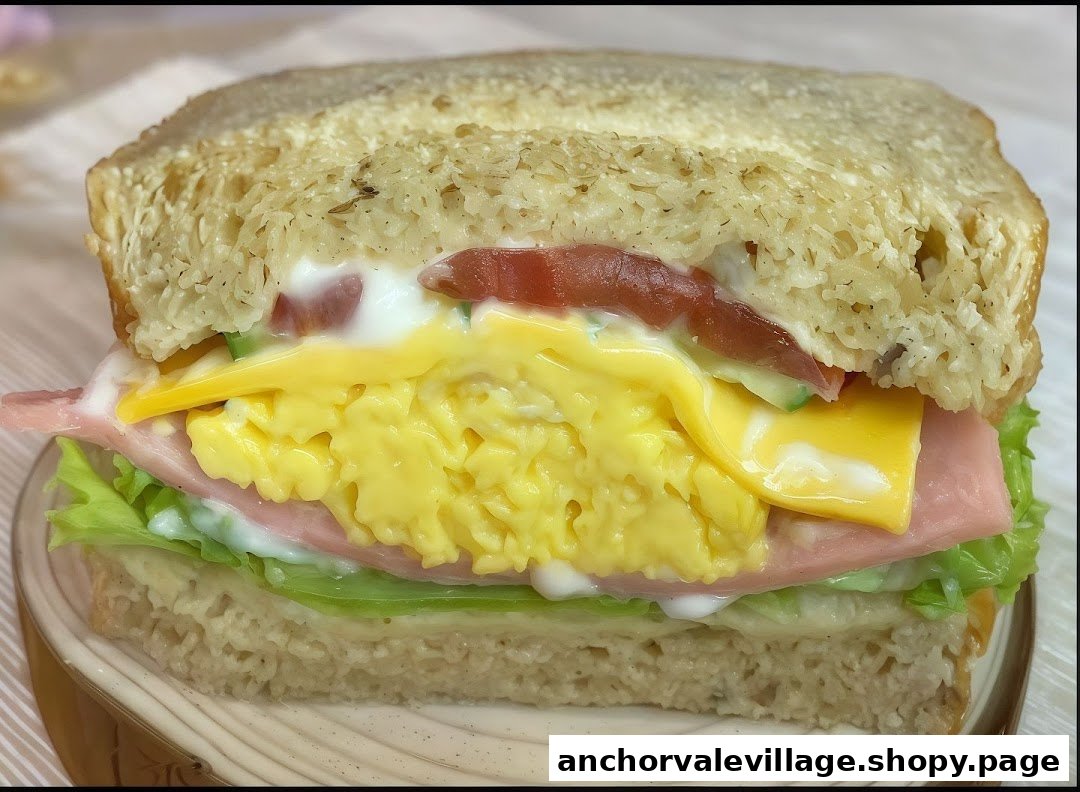 A close-up of a hearty sandwich filled with scrambled eggs, ham, cheese, lettuce, and tomato.